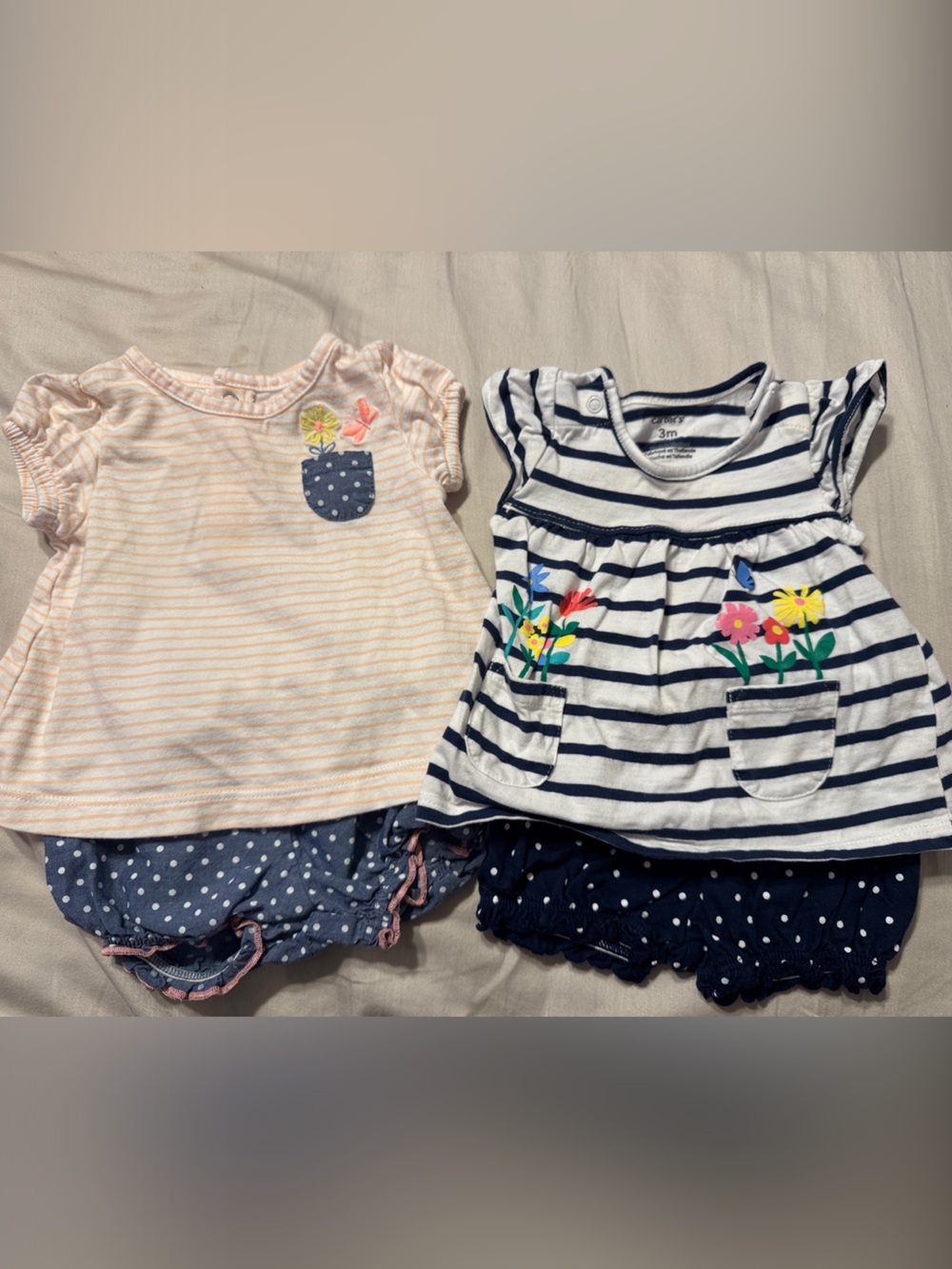 Carters Girls' Navy & Pink Striped Dress Set with Floral Pockets- 3 months